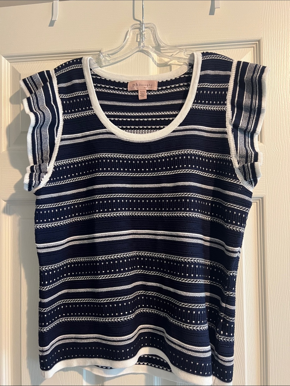 Philosophy Navy & White Striped Knit Ruffle Sleeve Tank